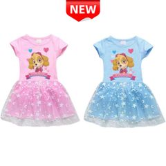 ✨新品✨PAW パトロール ワンピース 女の子 スカイ キャラクター 子供服 星柄 チュールスカート かわいい 半袖 プリンセス ドレス キッズ 女児 幼児 青 ピンク ブルー 100 110 120 130 カジュアル 普段着 パーティー プレゼント