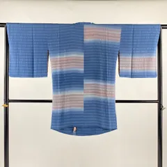 道行 身丈90cm 裄丈65cm M 和装コート 角衿 縞 青灰色 正絹 秀品 【中古】