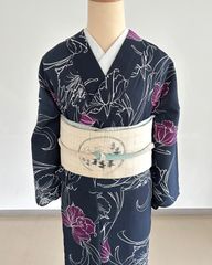 ゆかた 3L 浴衣 麻型 黒✖ネイビー バイカラー 大きいサイズ