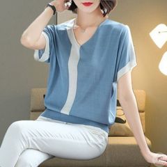 ニット 半袖 薄手 レディース vネック サマーニット Tシャツ トップス 春 夏 きれいめ 大きいサイズ サマー 通勤 オフィス 冷房対策 大人可愛い min#