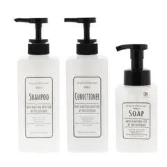 リビング ディスペンサー ポンプボトル スクエア シャンプー&amp-コンディショナー ホワイト 600ml×2個 ソープボトル 400ml×1個 (泡タイプ)、計3個セット
