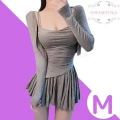 [ COCO&YUKA公式 ] ココアンドユカ セクシー 3点 セットアップ タイト キャミソール トップス 長袖 前開き カーディガン フレア ミニ スカート パンツ キュロット 上下 セット アップ レディース グレー M B0FFRTS7NF