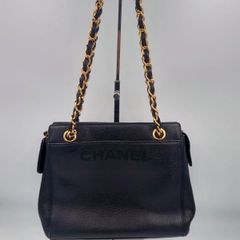 シャネル ロゴ キャビアスキン チェーンショルダーバッグ ブラック ゴールド金具