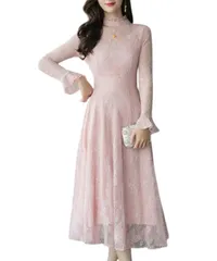 [グリーンパキラ] 在庫限り きれいめ レースワンピース 花柄 パーティードレス Aライン 可愛い 膝下 長袖 レディース 春 夏 秋 フレア ロング (2L, XL,ピンク) [ピンク] [2L]