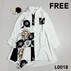 インポート　シャツワンピース　ロングワンピース　太陽モチーフ　アシンメトリー　ロングシャツ　大きいサイズ　ホワイト　シフォン　L0018