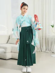 着物 袴セット女の子 ジュニア 4点セット( 単衣+袴+巾着+髪飾り ）卒業式