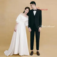 ウェディングドレス 二次会 結婚式 ブライダル ロングドレス サテン 前撮り オフショルダー 海外挙式 撮影 袖付き シンプル 背中開き 花嫁 ウエディングドレス  vii3v895158