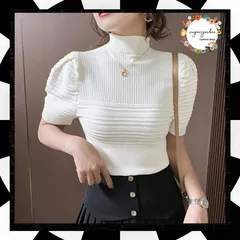 サマーニット レディース トップス 薄手 半袖 パフスリーブ ハイネック ニット 無地 春秋夏 フェミニン ニットソー セクシー きれいめ フィット感 ボリュームスリーブ リブニット 着やせ 大人カジュアル 上品 腕のラインをカバー 89DWEI-004