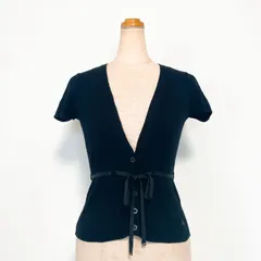 BURBERRY BLUE LABEL バーバリーブルーレーベル リブカーディガン Vネック 半袖 ロゴ刺繍  リボン レディース 38 綿100% 日本製 三陽商会 上品 美シルエット