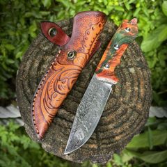 ダマスカスシースナイフ 73層渦巻白波紋ダマスカス 【Chameleon・カメレオン】 全一体フルタング型ダマスカス 3本鋲本通り高級赤緑積層木
