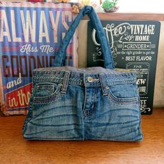 11☆USEDダメージデニムリメイク トートバッグ カラフルステッチ ジーンズリメイク☆