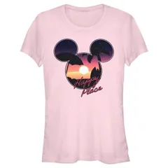 【送料無料】 ディズニー レディース Tシャツ トップス Disney's Mickey Mouse Tropical Sunset Happy Place Juniors' Fitted Graphic Tee Light Pink