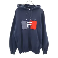 FILA フィラ 90s オールド ロゴ刺繍 長袖 スウェットパーカー S ネイビー メンズ 古着