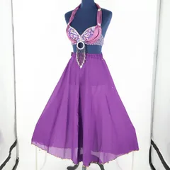 【ベリーダンス用 オリエンタル衣装】パープル Qiaoshi レース生地 紫 ラメ カラフル 花柄 鮮やか 透け感 サテン 華やか 綺麗