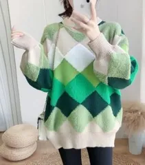 【グリーン色★2ＸＬサイズ】長袖　ニット　セーター　ダイヤ柄　秋冬　大きいサイズ　Ａライン　体型カバー  ゆったり　大きめ