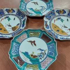 九谷焼 　焼堂　色絵　山水水鳥図　角福　銘々皿　柄違い２種４枚セット