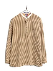 【お得なクーポン配布中!】 90s トミーヒルフィガー バンドカラー ストライプ 長袖 シャツ メンズ M 古着 オールド TOMMY HILFIGER ノーカラー プルオーバー コットン