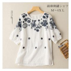 ブラウス トップス レディース チュニック シャツ 夏 花柄 刺繍 無地 5分袖 カットソー 体型カバー 綿麻風Tシャツ コットンリネン ゆったり 大きいサイズ 40代 50代
