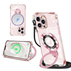 iPhone 13 Pro Max 用 ケース クリア MagSafe対応 リング付き ネック ショルダー アイフォン13プロマックス 縄掛けケース 透明 肩掛け 斜めかけ 韓国 可愛い 縄掛け カバー 丸型スタンド付き マグネット搭載 縦横両対応 耐衝撃 0