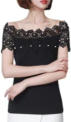Beaumens(ビューメンス) オフショルダー レース 半袖 カットソー 春 夏 ビジュー セクシー 肩出し シースルー シャツ トップス 297 黒( ブラック,  M)