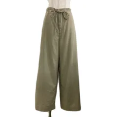 ニコアンド Niko and.. パンツ ワイド ロング ウエストゴム ハイウエスト スリット リボンベルト リネン混 無地 L ベージュ