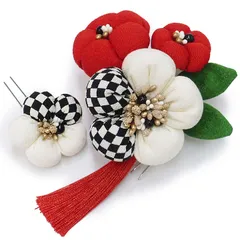 髪飾り 成人式 振袖 袴 ２点セット 赤 白 黒 椿 市松 大人 浴衣 かんざし 簪 卒業式 フォーマル 結婚式 花飾り つまみ細工 ちりめん W65 W304-391 髪飾り 赤 m957　WSi