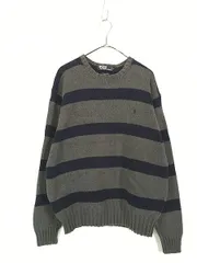 古着 90s Polo Ralph Lauren グレー×紺 ワイド ボーダー コットン ニット セーター L 古着 