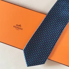 美品 エルメス HERMES ネクタイ シルク100% フランス製 ネイビー / ターコイズブルー  254-480