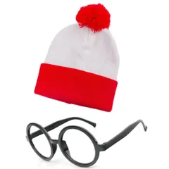 【在庫セール】ニット 帽子 キャップ クリスマス サンタ コスチューム コスチューム ハロウィン パーティー ハロウィン ハロウィン 衣装 衣装 ウォーリーを探せ 赤白 ウォーリー ウォーリー 紅白 コスプレ コスプレ (ニット帽＋メガネ) [Limspace