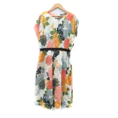 ザラ ベーシック ZARA BASIC ワンピース ラウンドネック フレンチスリーブ ミモレ丈 花柄 M マルチカラー オフホワイト /HO1