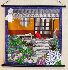 梅雨壁飾り【6月 みけの雨宿り】軸付きタペストリー 季節のタペストリー 猫壁飾り 三毛猫 梅雨壁飾り 新品未使用品 日本製
