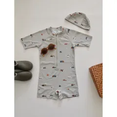 ☆ カー ☆ 120cm ☆ 水着 キッズ 水着 キッズ ラッシュガード 半袖 キッズ水着 ロンパース水着 ロンパース 半ズボン オールインワン 袖付き 男の子 女の子 男児 女児 動きやすい 柄 子供服 スイミング 子供 こども 子ども 水遊び 海 ビーチ