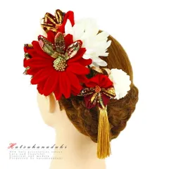 髪飾り 成人式 つまみ細工 赤 振袖 袴 浴衣 夏祭り 花火大会 2点セット 白 ちりめん 組紐 房付き 和柄 ヘアアクセ かんざし 卒 No.9-3326