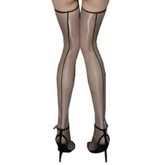 Free Size_グレー+赤 [Byuuu] 光沢 ガーターストッキング セクシー バックシーム サイハイソックス 縦線 薄手 パースペクティブ ストッキング ツヤあり オールスルー 切り替えなし 美脚 美尻 パンティー 靴下 (グレー+赤)