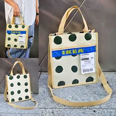 【新品✧未使用】タイ直輸入🛩️レア❢ 軽量 2way トートバッグ 雑貨 レディース メンズ ハンドバッグ ショルダーバッグ イケア IKEA ユニセックス bag Mサイズ ホワイト ドット柄 水玉