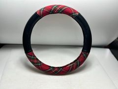 【アクセサリー】　社外　ハンドルカバー　ステアリングホイール　赤チェック　パッチ　黒　レザー　中古パーツ　美品