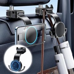【在庫処分】車 ヘッドレスト 超強力マグネット式/25KG耐荷重/上下調整可能/カバンフック付き シートフック 車載ホルダー 傘/鞄 magsafe 収納 多機能 片手操作 2-in-1 車フック フック 荷物かけ & 全てのスマホに対応 スマホホルダー カー