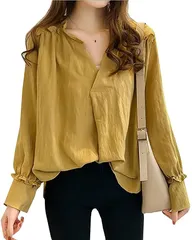 PuchiHapi プチハピ シフォン ボリューム袖 立て襟 フリル シャツ ブラウス 肩 シャーリング タック カシュクール(マスタード,  3XL)