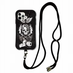 [iPhone14 Pro Max] iPhone16 Plus スマホケース i-coronケース スマホショルダー付 アイフォン 14 13 12 11 XR XS スマホケース 肩掛け 斜め掛け 耐衝撃 モノトーン バイク スカル ブラック