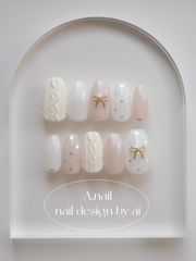 ミニリボンとハートホロのニットネイル🧶⋆*