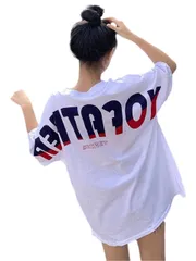 [ブブ オーハナ] Tシャツ フレンチ スリーブ ゆったり バック プリント ドロップ ショルダー カジュアル レディース 女性 用 春 夏 秋 冬 服 物 半袖 シャツ 大きめ チュニック 丈 ロン T オーバーサイズ ビッグシルエット [ホワイト] [M]