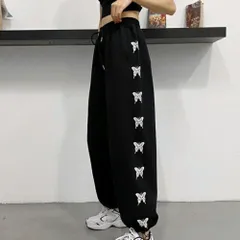 スウェットパンツ サイドバタフライ ロングパンツ レディース 韓国 サイドライン ドローストリング ジャージ 蝶々 ハイウエスト ワイドパンツ ゆったり ストレートパンツ 裾ストリングパンツ スポーツウェア やや薄手 ストレスフリー 部屋着 1PSH-001