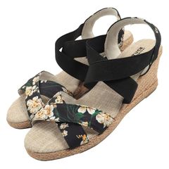 【新品】 [神戸レタス] 軽量 ウェッジソール クロスゴムベルト ジュートサンダル レディース [I1296] S 花柄ブラック 1