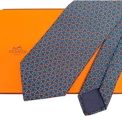 HERMES　エルメス　ネクタイ　ネイビー　ブルー　幾何学模様　605706 PA　シルク100%