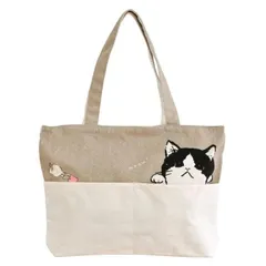 【新品】帆布 横型 トートバッグ ポケット付き キャンバス レディース ファスナー付き かわいい 動物 【25054】まめはち 猫 ネコ フロントポケット トート バッグ  大きめ  肩掛け 軽量 A4 通勤 通学 エコバッグ マザーズバッグ