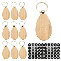 【在庫処分】Doyime ドア番号タグ 番号札 10個セット クローク 両面 無地 荷札 キーラベルタグ 天然木 業務管理用 キーリング付き 1-50番号シール 付き