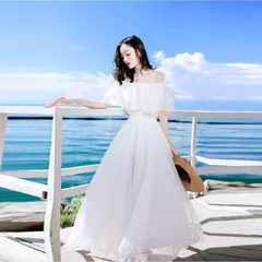 リゾートワンピ オフショルダー 半袖 ロングワンピース ホワイト 夏ワンピース 大きいサイズ 2Ways シフォン