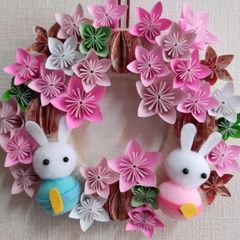 折り紙リース フラワーリース 折り紙 和風 おひなさま ハンドメイド うさぎ 春 桃 ピンク インテリア 飾り 雑貨