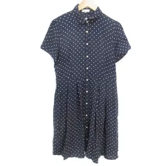 アースミュージック&エコロジー EARTH MUSIC & ECOLOGY シャツワンピース フレアタックギャザーワンピース ひざ丈 半袖 切替 ドット柄 水玉柄 M 紺 白 ネイビー ホワイト /FF14