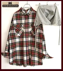 新品 取り外しフード付きチェック厚手シャツ パーカーシャツコート/赤白紺緑灰/L